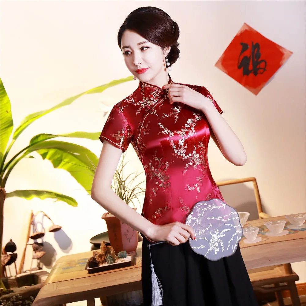 Шанхай история короткие Cheongsam Топ Традиционный китайский искусственный шелк/Атласный топ Дракон и Феникс Вышивка Блузка Топ Qipao рубашка