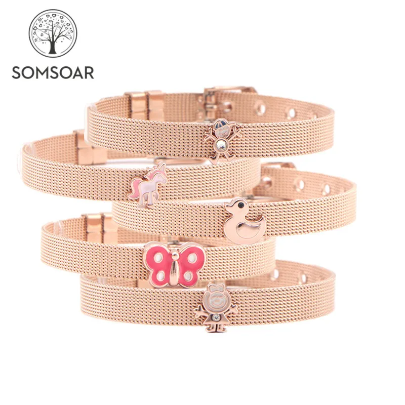 Somsoar Jewelry розовое золото DIY Слайд Подвески из нержавеющей стали сетки браслет браслеты для подарок ко Дню Святого Валентина