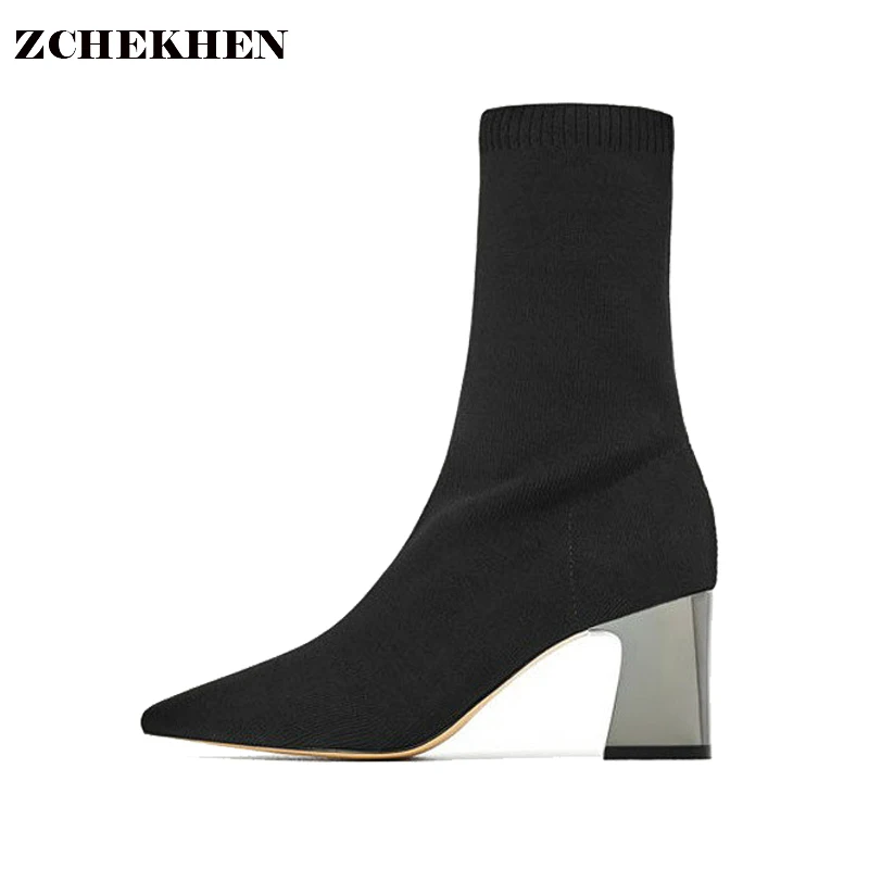 

Europe Kim Fashion Ankle Knitted Elastic Sock Boots Chunky High Heels Stretch Women Autumn Pointed Toe Sexy Booties
