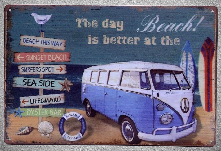 

1 pc Van Summer vacation surfing Love sea Beach Lifeguard ocean Tin Plates Signs wall Shop Decoration Art Poster metal vintage