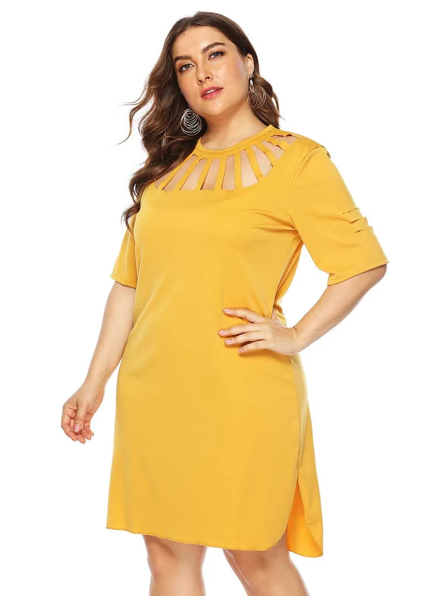 oversized dress Women Plus Size Solid Color Hollow Loose Split Sexy Dress summer ladies solid color knee length shift dresses