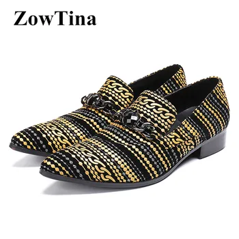 

Real Leather Men Pointed Toe Formal Dress Shoes Striped Printing Mocasines Homre Large Size 46 Wedding Shoes Man Creepers Flats