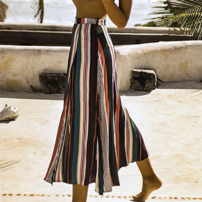 

Summer Women Striped Long Skirts Fashion Colorful High Waist Elastic Loose Skirt Casual Beachwear Holiday Vacation Sundress
