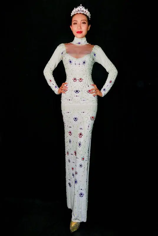 Кристиа Белла, сексуальное женское вечернее длинное платье с белым жемчугом, с длинным рукавом, с кристаллами, с высоким разрезом, вечерние платья для сцены, костюмы певицы