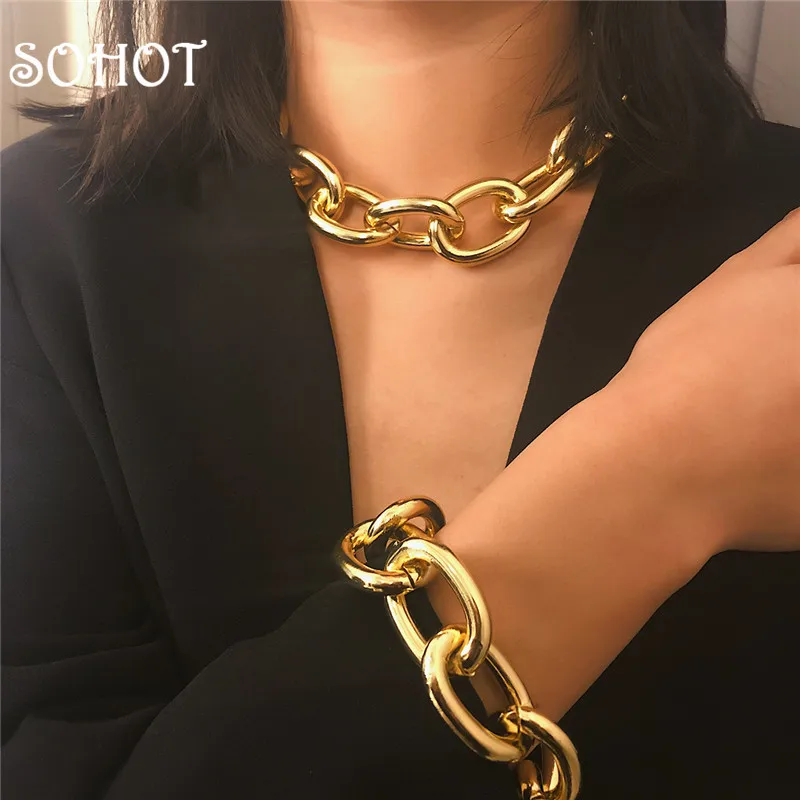 

SOHOT Hyperbole Big Alloy Punk Style Jewelry Sets Vintage Charming Personality Necklace Bracelet Gold Silver Color Party Bijoux