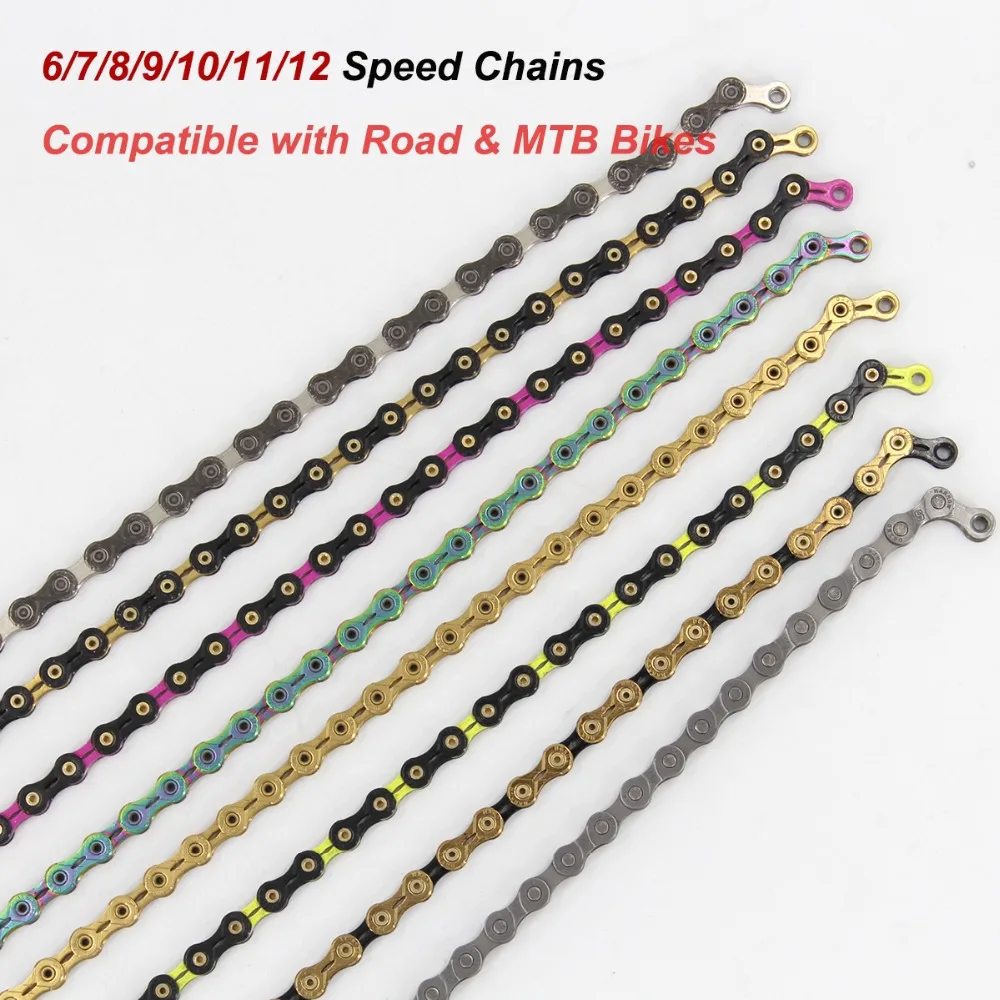 

Ultralight 6/7/8/9/10/11/12 Speed MTB Road Bicycle Chain Color Stainless Mountain Bike Chain 22 33S Hollow Bicycle Chains Types