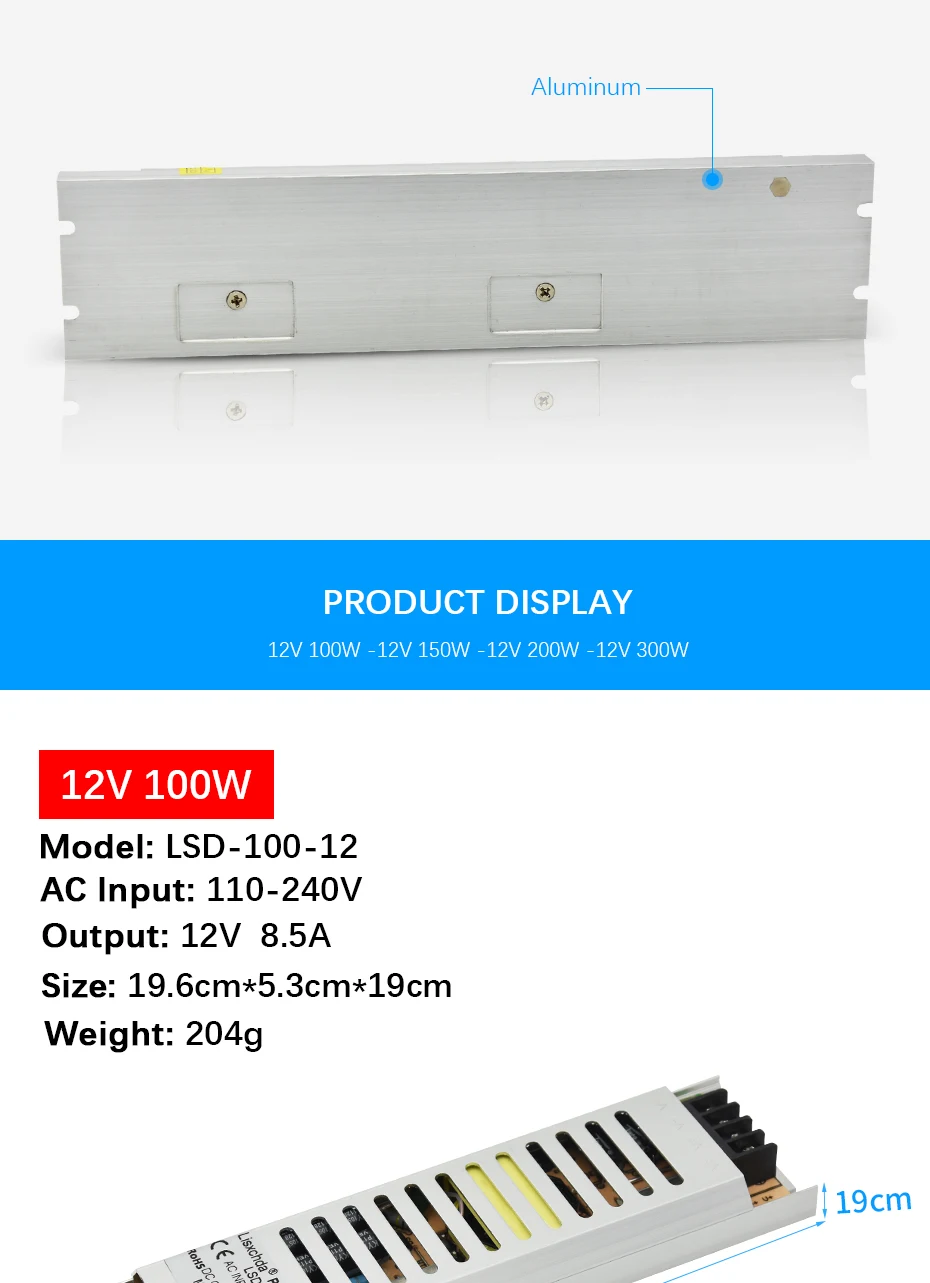 AC110-240V DC12V100W 150W 200W300W трансформатор для освещения светодиодный сверхтонкий адаптер питания для светодиодной ленты