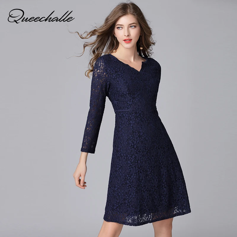 

Queechalle Navy color elegant lace dress 2019 Autumn Dress Women's V neck long sleeve slim a-line party dress plus size 4xl 5xl