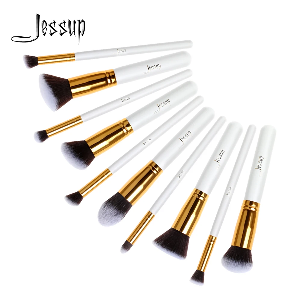 

Jessup 10pcs White/Gold Synthetic Hair Wooden Handle Kabuki Foundation Powder Blusher Blending Make up Brush Set T065