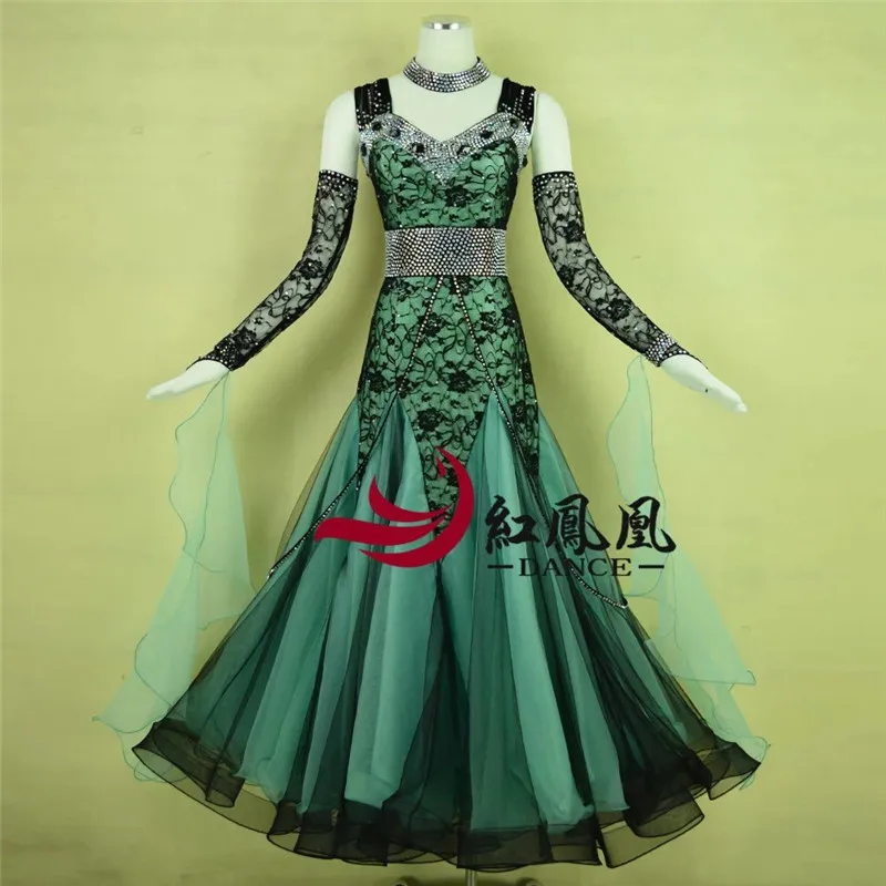 Green rhinestones Ballroom dance competition dress standard dresses