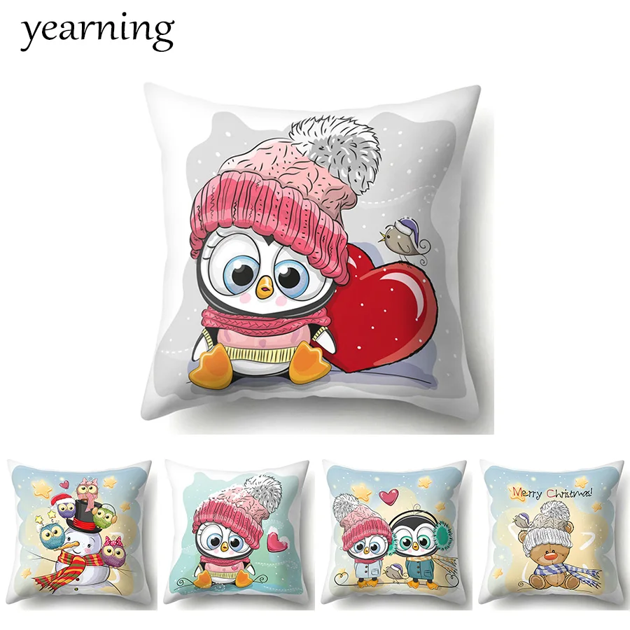 

Animals Pattern Cushion Cover Cartoon Penguin Snowman Print Polyester Pillow Case Decoration Home Throw Pillow Cover kussenhoes
