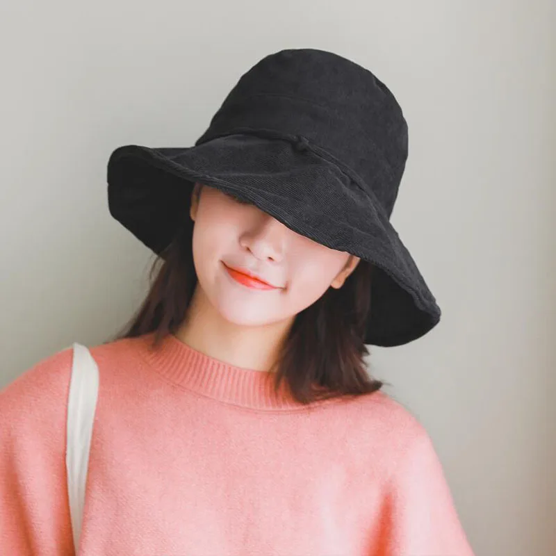 

BINGYUANHAOXUAN 2018 Summer Solid Floor Chic Corduroy Bucket Hat with Bowknot Women Vintage Street Fisherman Harajuku Hats