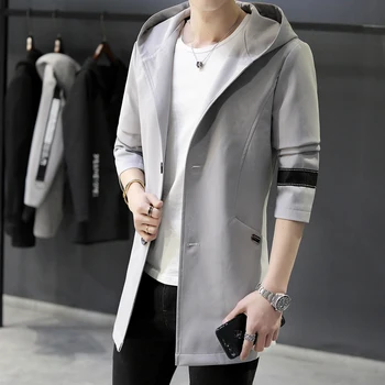 

2019 Autumn Men Trench Jackets Mens Fashion Casual Solid Color Long Trench Coat Men Tide Windbreaker Coat Male Hooded Overcoat