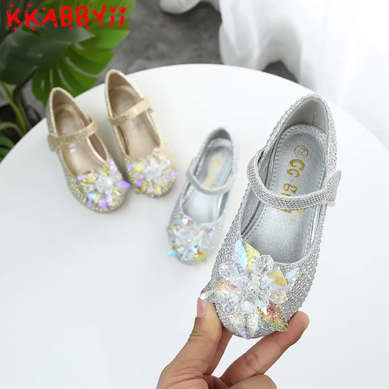 

Princess Girls Rhinestone Shoes Children Leather Shoes Kids Girls Glitter Bow Knot Crystal Shoes Silver Gold