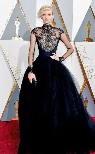 2017 88th Oscar Black Lace Dorith Mous Celebrity Evening Dresses 2017 88th Oscar Black Lace Dorith Mous Celebrity Evening Dresses High Neck Long Sleeves Sweep Train