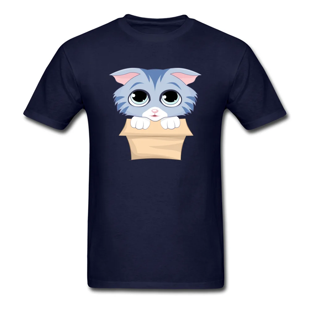 Cute Kitty in a Box Classic Short Sleeve Hip hop T-Shirt 100% Cotton O Neck Men's Tees Slim Fit T-Shirt Summer Fall Cute Kitty in a Box navy