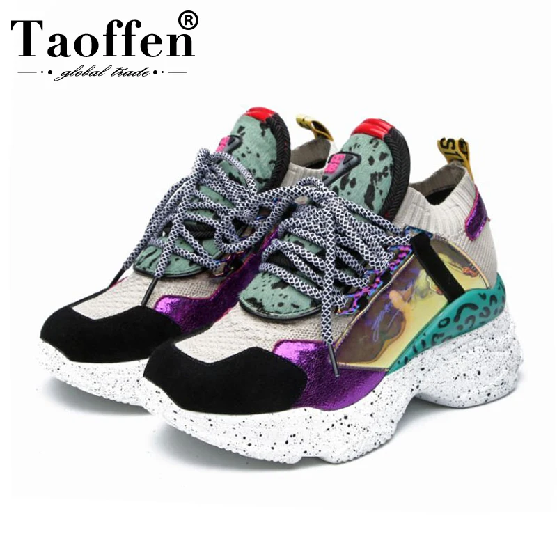 

Taoffen Real Leather Women Sneakers Fashion Heeled Vulcaniaed Shoes Women New Style Casual Shoes Street Lady Footwear Size 35-42
