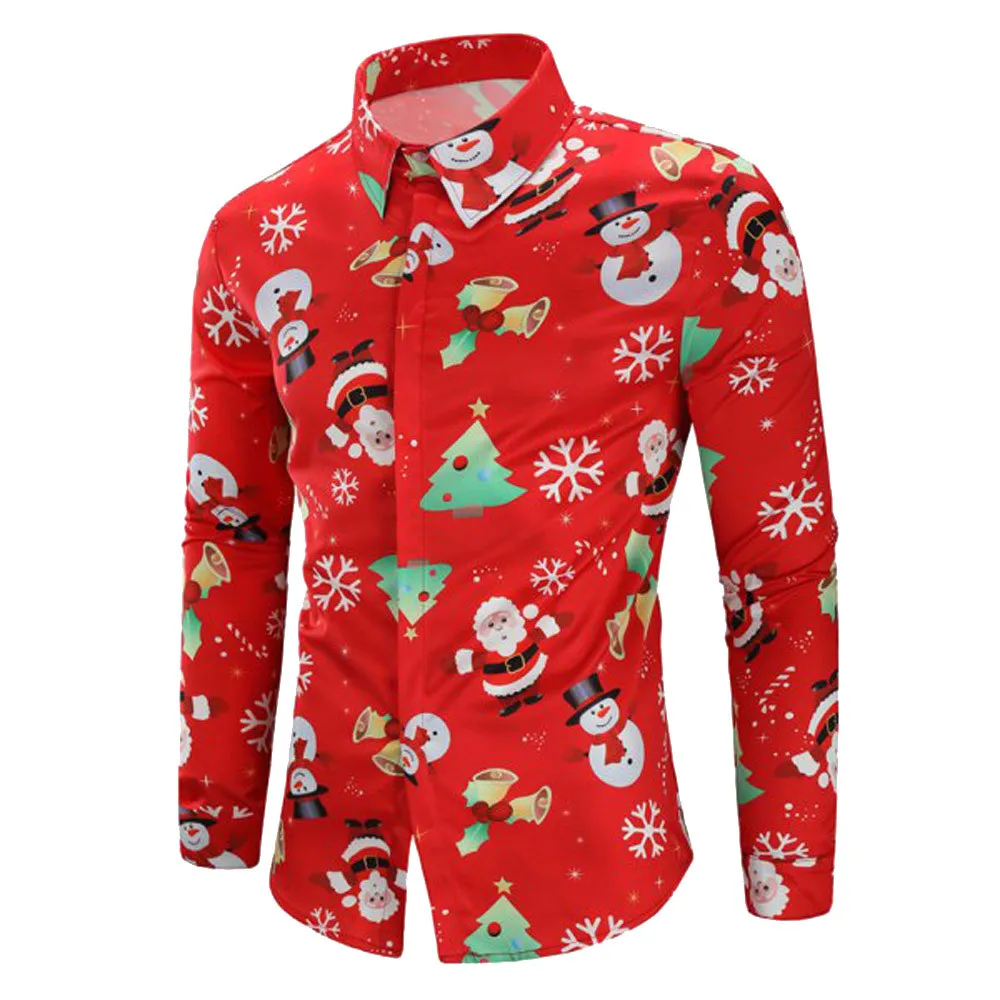 

2019 Autumn Winte new men Warm Shirt Snowflakes Santa Candy Printed Christmas male Long Sleeve Casual Blouse Top Streetwear