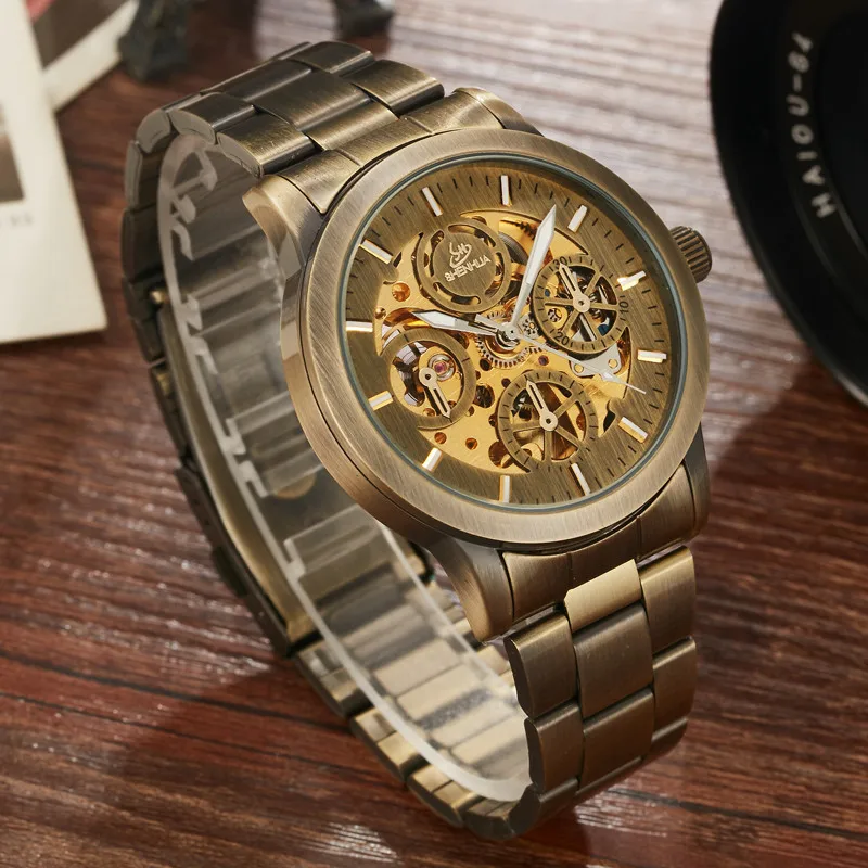 SHENHUA Ретро бронзовые Автоматические Мужские механические часы скелет светящиеся из натуральной кожи мужские спортивные механические наручные часы