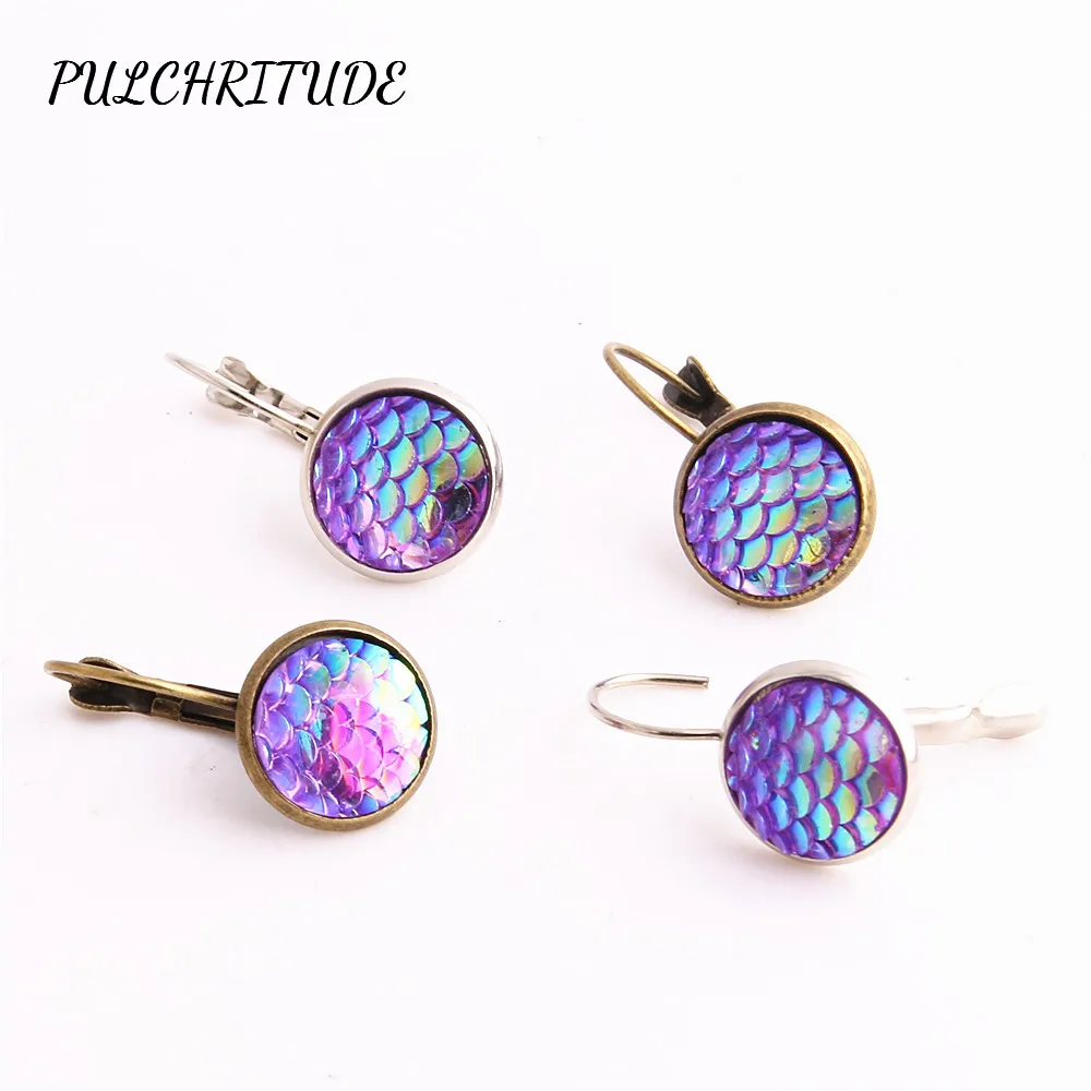 

PULCHRITUDE Metal Alloy 6pcs Fit Round 12mm Cabochon Base Earring Back Pendant Colorful Fish Scale Cameo Diy Jewelry Make C1484