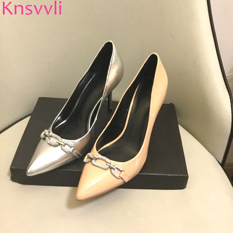 black Dedo Pie Cadena De Moda Color Genuino Del Imitación Mujeres 2019 Diamantes Mujer Cuero Zapatos Knsvvli nude Tacón Las Plata Puntiagudo Silver Alta 7xnBOww