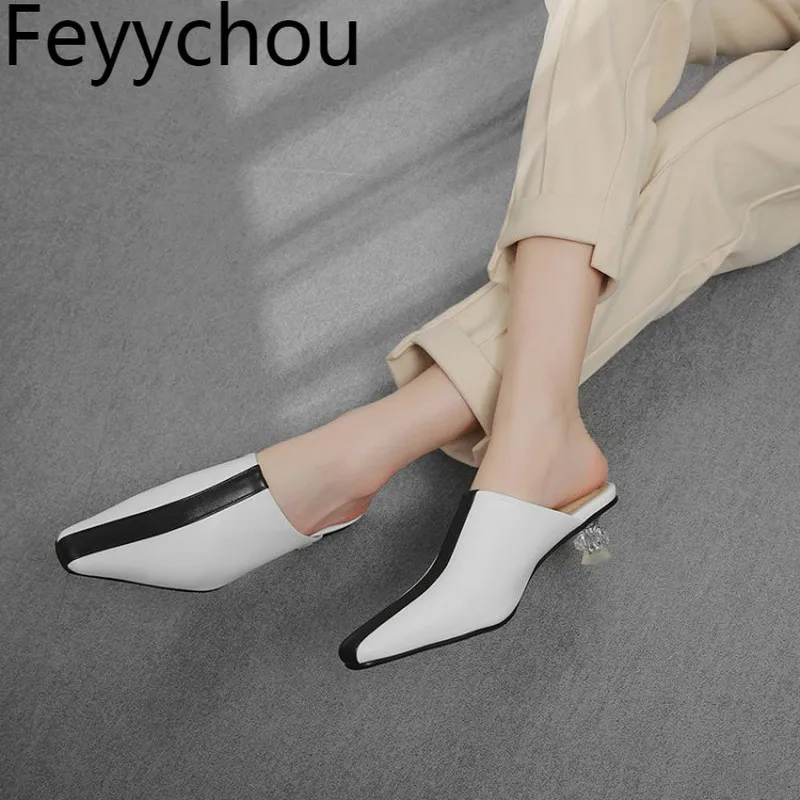

Women Slippers Pu Square Toe Med Heels Mixed-colors 2019 New Sexy Fashion Outside Casual Summer Spring Black Big Size 34-48