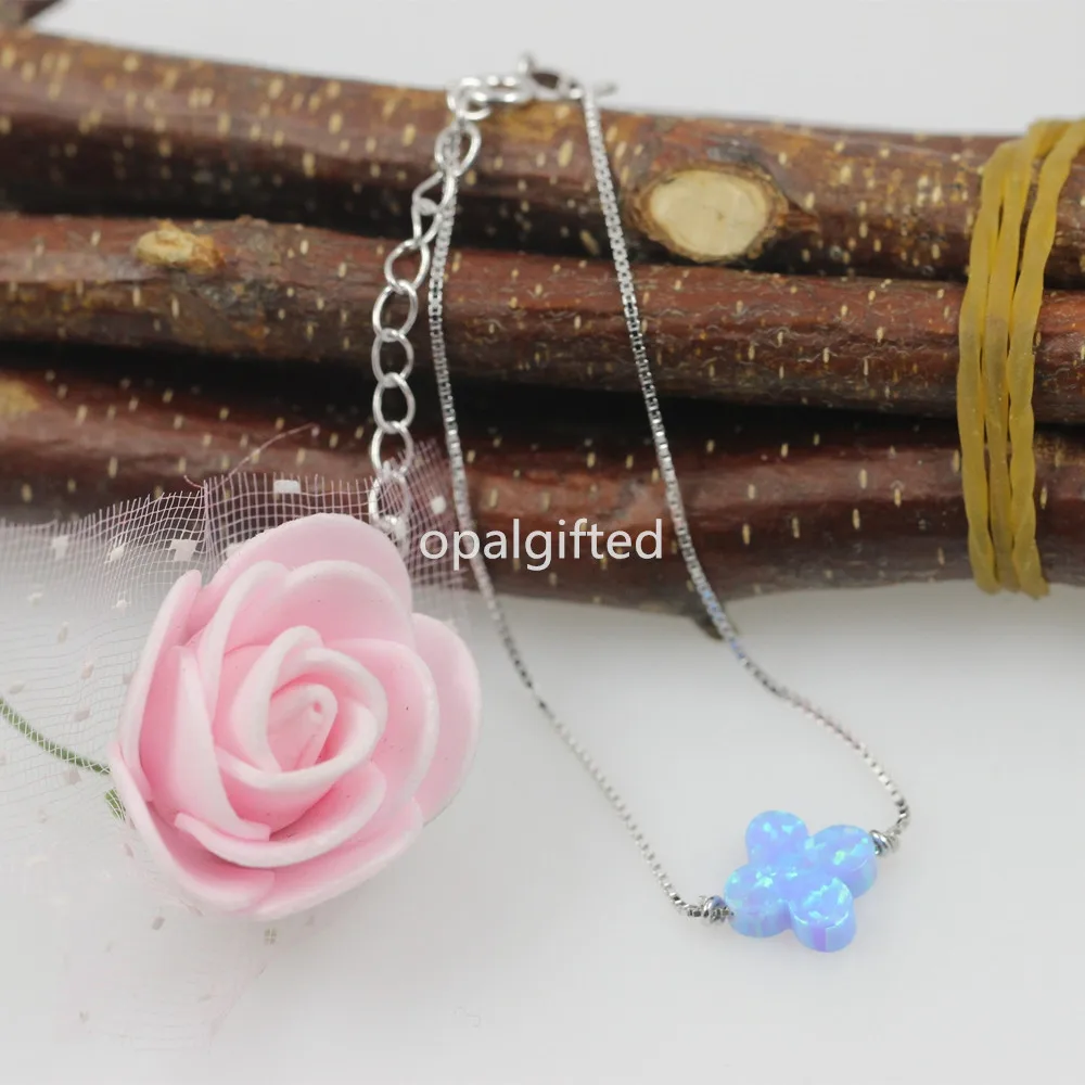 

MOQ=1pc Best Selling Free shipping 10mm Fire Light Blue Synthetic Flower Opal Bracelet with 925 Sterling Silver clover bracelet
