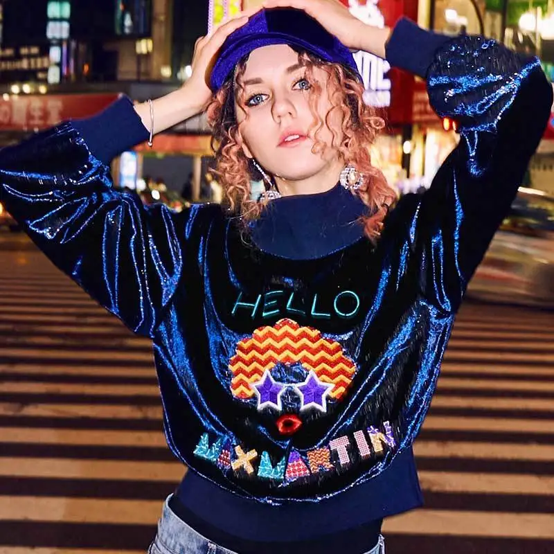 VKBN 2018 Autumn Clothing Fashion Embroidery Section Sweatshirts Women Tide Long Sleeve Pullover Half High Lead Easy Coat Woman Hoodies