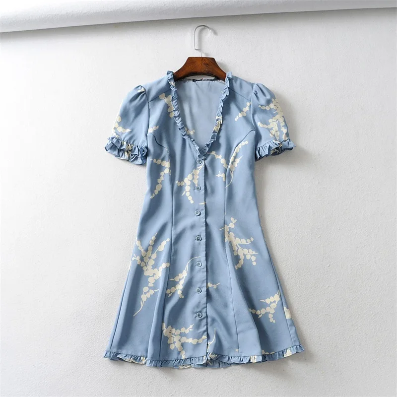 Women Print V Neck Button Up Mini Dress with Frill Trimming - Color: branch blue