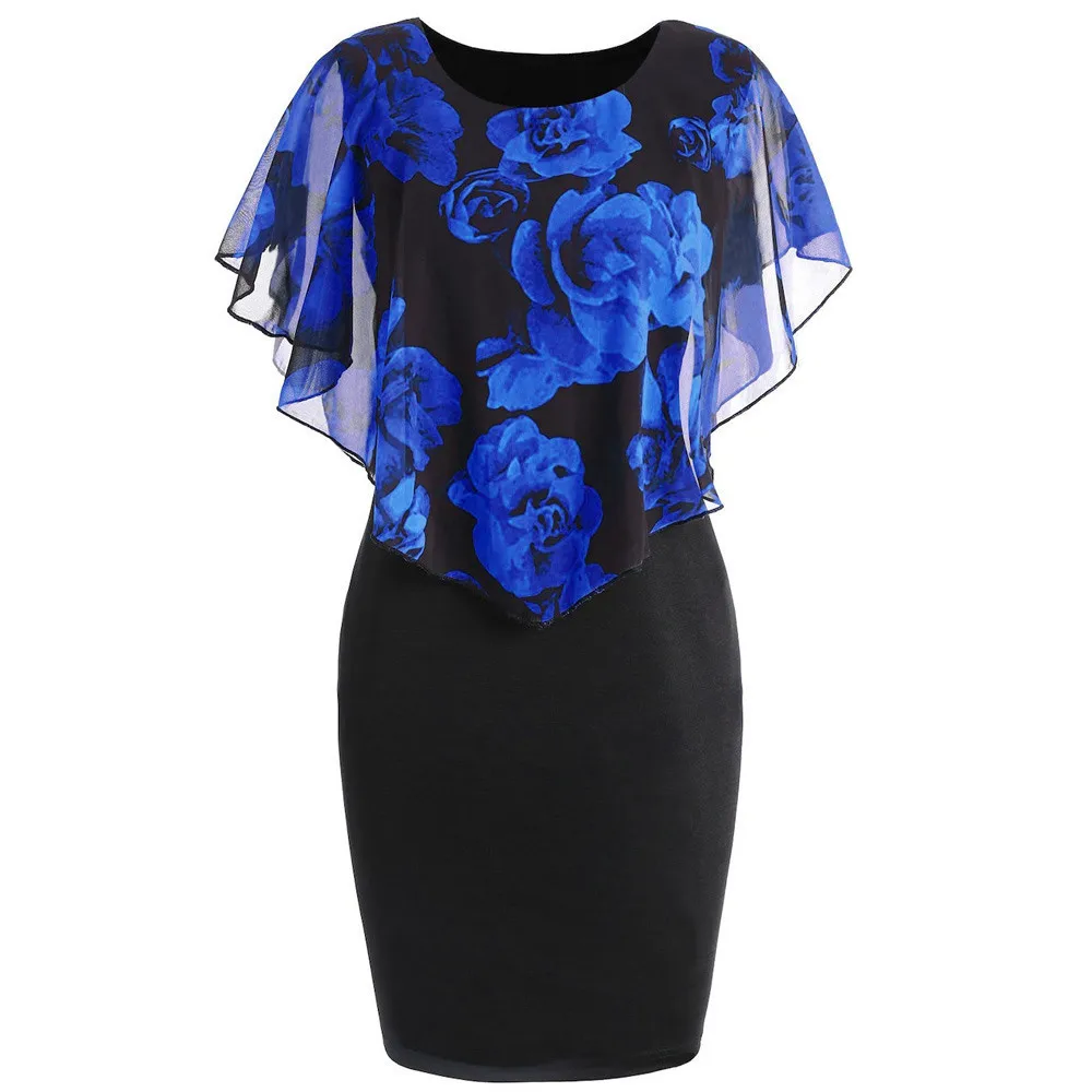 

Feitong dress sexy plus size 5XL elegant Dress Women Casual Rose Print Chiffon O-Neck Ruffles Mini summer Dresses Vestidos#10