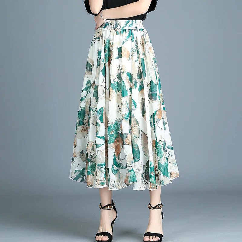 

2019 Summer Woman Korean Style High Waist Vintage Floral Print Chiffon Long Skirt Mid-calf Elastic Waist Slim Fit Pleated Skirt