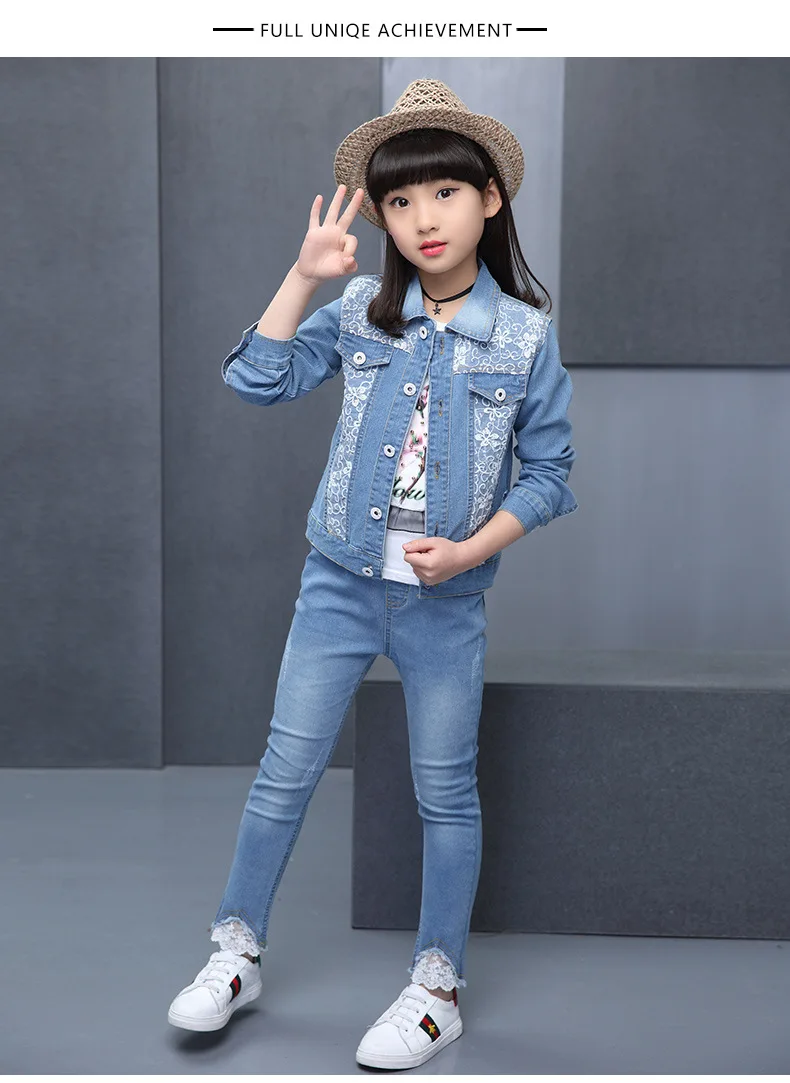 Весенние комплекты одежды для детей комплект из 2 предметов: кружевная джинсовая куртка в стиле пэчворк+ штаны комплект детской одежды для девочек-подростков
