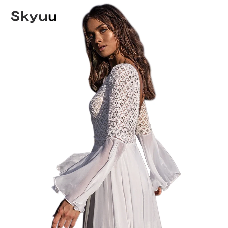 Skyuu البوهيمي الأبيض اللباس بوهو ماكسي V الرقبة مثير عارية الذراعين فساتين الشاطئ النساء 2019 الصيف الدانتيل الشيفون الطابق طول فستان طويل Skyuu البوهيمي الأبيض اللباس بوهو ماكسي V الرقبة مثير عارية الذراعين فساتين الشاطئ النساء 2019 الصيف الدانتيل الشيفون الطابق طول فستان طويل