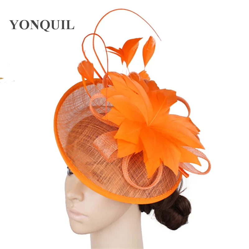 

Vintage Orange Cocktail Tea Party Derby Church Hats Ladies Feather Hat For Weddings Pillbox Fascinator Sinamay Event Fedoras