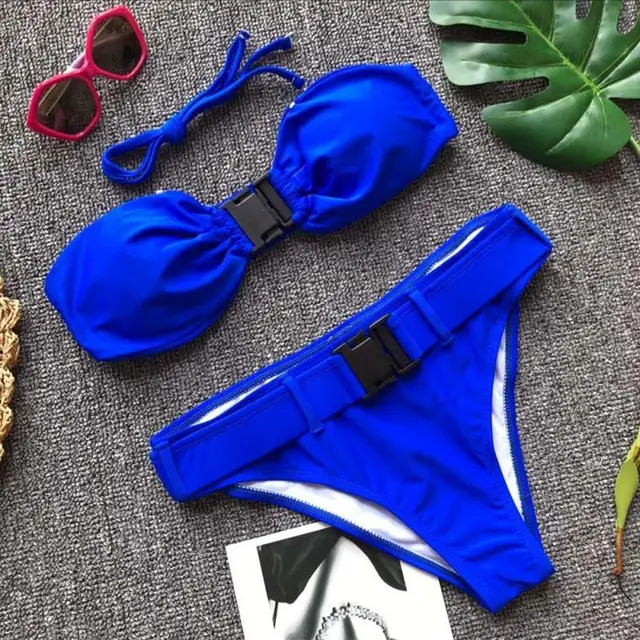 Bandeau Top buckle bikini high waisted solid swimsuit with belt buckle