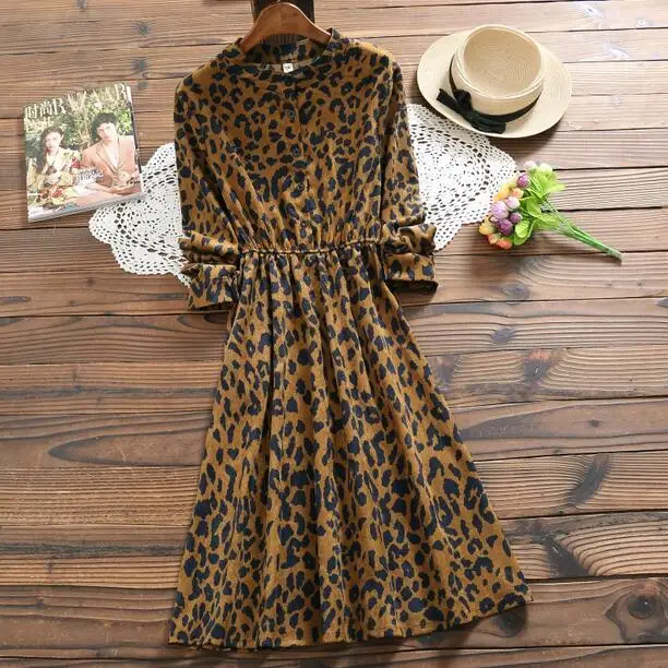 

Mori Girl Autumn Winter Women Long Dress Stand Collar Leopard Print Femme Robe Vestidos Long Sleeve Vintage Elegant Dress DC684
