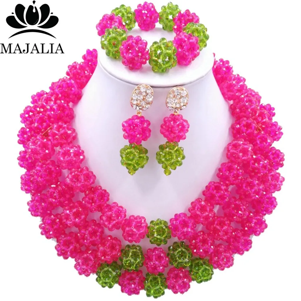 

2017 Fashion Nigeria Wedding african beads jewelry set Hot Pink Crystal necklace Bridal Jewelry sets Free shipping VV-166