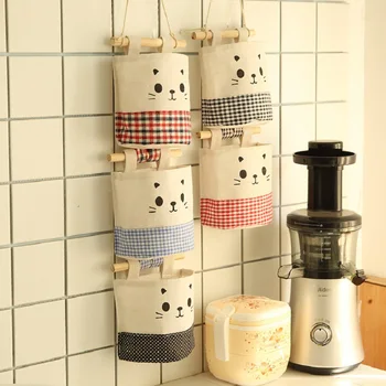 

Cute Cat Cotton Linen Storage Bag Sundries Organizer Hanging Storage Bag Door Wall Closet Hanging Pocket Pouch Makeup Holder