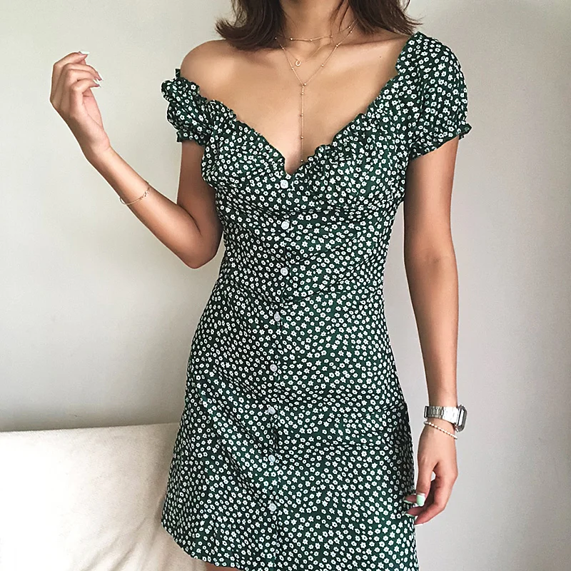 Женское платье с рюшами на пуговицах винтажное мини пышными рукавами пляжные