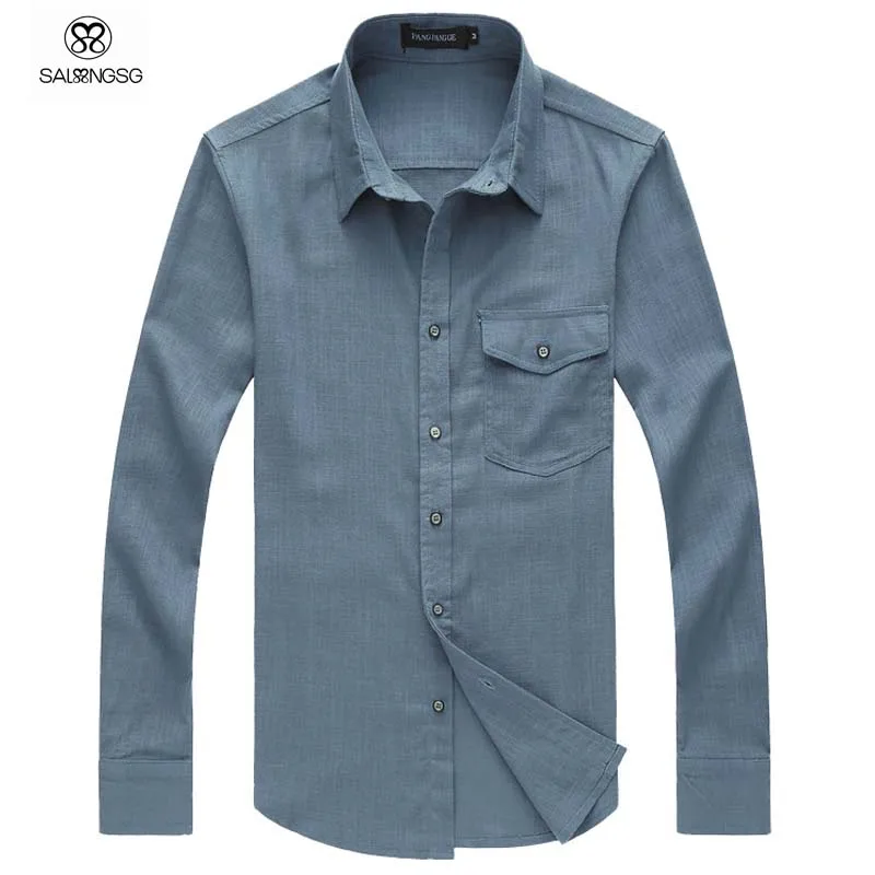 Linen Cotton Fabric Men Solid Color Shirt Long Sleeve Camisa Casual