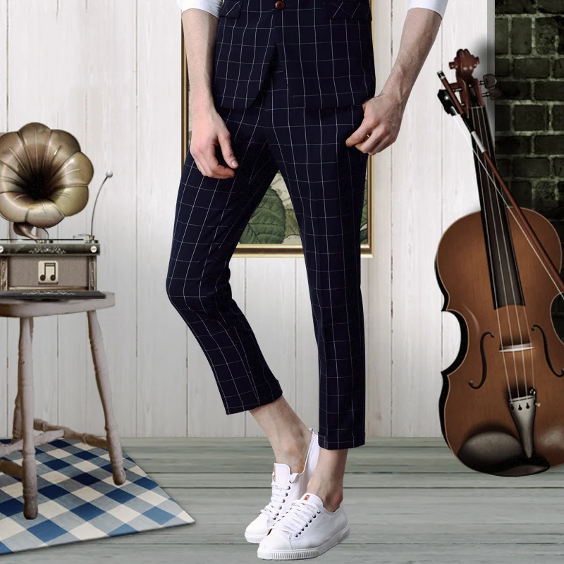 Pre Sale Men Dress Pants Slim Fit Formal Wedding Groom Ankle knee Pant Plaid Fashion Business