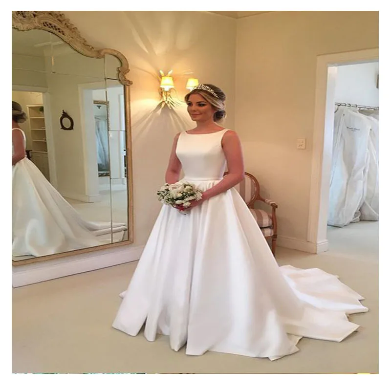 

White Satin Train Wedding Dress 2019 Robe De Mariee See Elegant Open Back Wedding Gowns Princess Bride Dress Custom Made