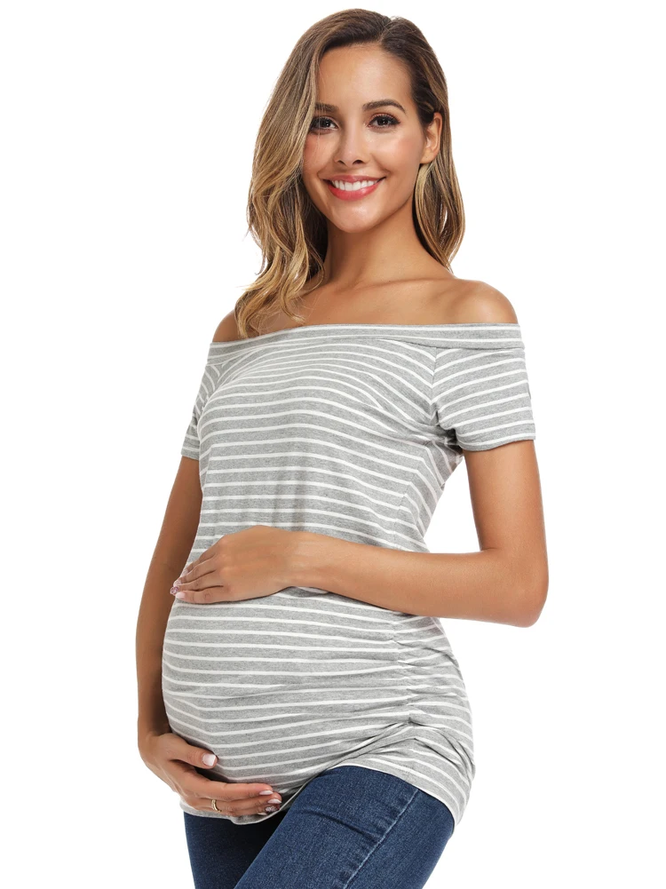 Топы для беременных с открытыми плечами с коротким рукавом полосатая одежда Повседневная Женская одежда рубашка для беременных с рюшами сбоку Классический Топ для беременных - Цвет: pic