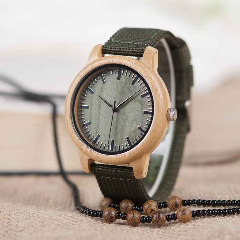 BOBO BIRD D11 Bamboo Wood Watches for Women Men Brand Design Green Nylon Straps Watch Drop Shipping in Box