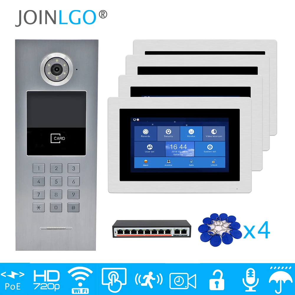 Домофон 4 квартиры 720P IP Wi-Fi 7-дюймовый сенсорный экран запись видео домофон