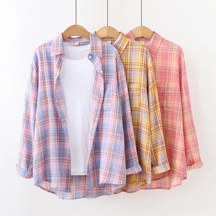 

KYQIAO women plaid shirt 2019 female autumn spring Japanese Harajuku style long pink blue purple plaid blouse tops blusa