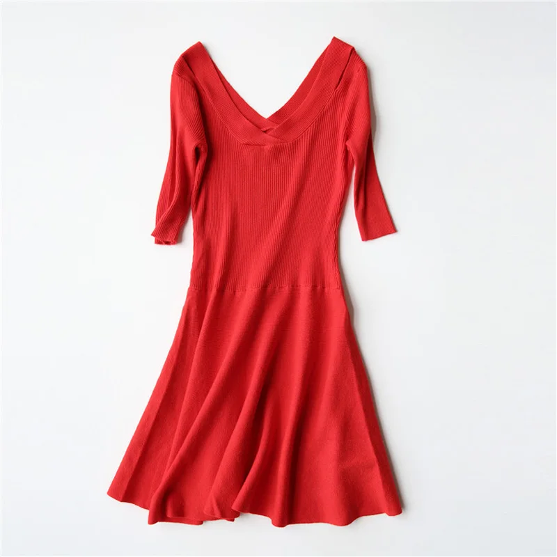 

Autumn Women's Dress Casual Solid Color V-neck Slim Knit Dress