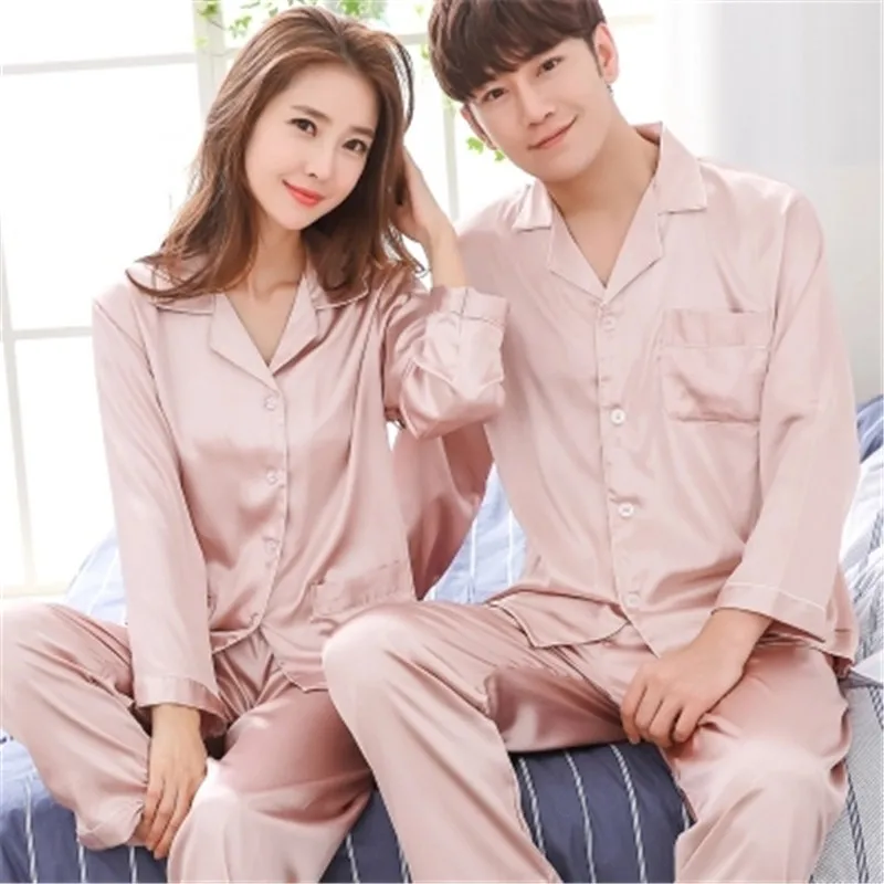 New Luxurious Silk Satin Couple Pajamas Set Long Sleeve Trousers Sleepwear Women Mens Silk Pyjamas Set Plus Size 3XL