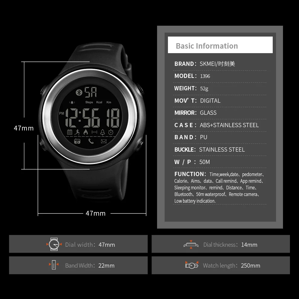 SKMEI Bluetooth Смарт часы фитнес Шагомер бег калорий сообщение напоминание Smartwatch водонепроницаемые цифровые спортивные часы для мужчин