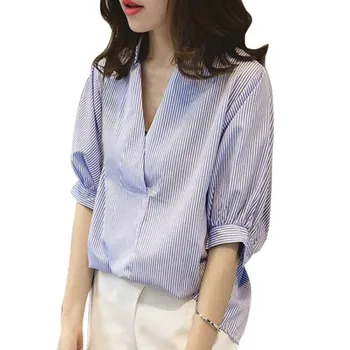 

Fashion Women's Cotton Three Quarter Sleeve Blouse Casual Striped Loose Shirt Button Tops Plus Size